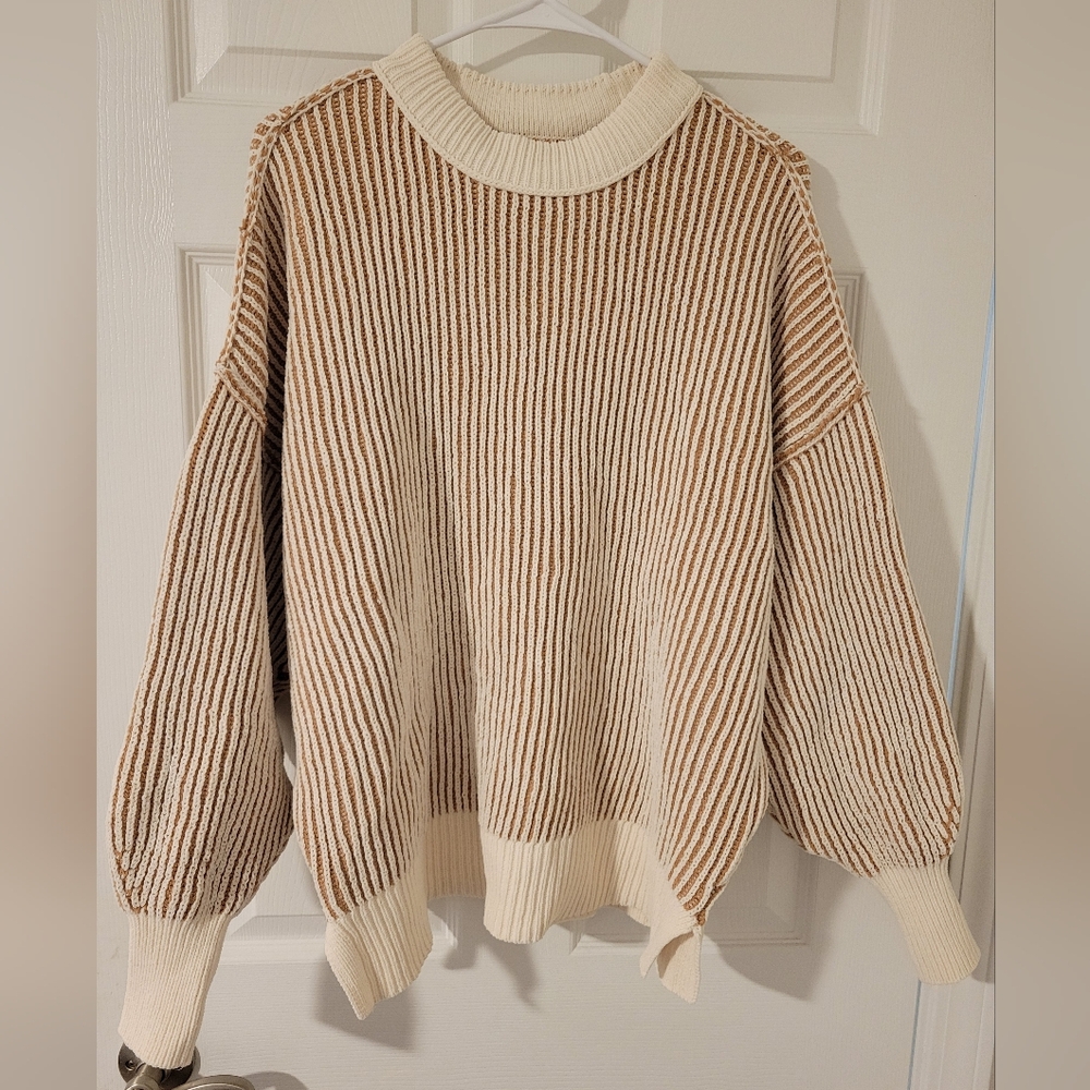 Aerie Cream and Brown Striped Crew Neck Sweater